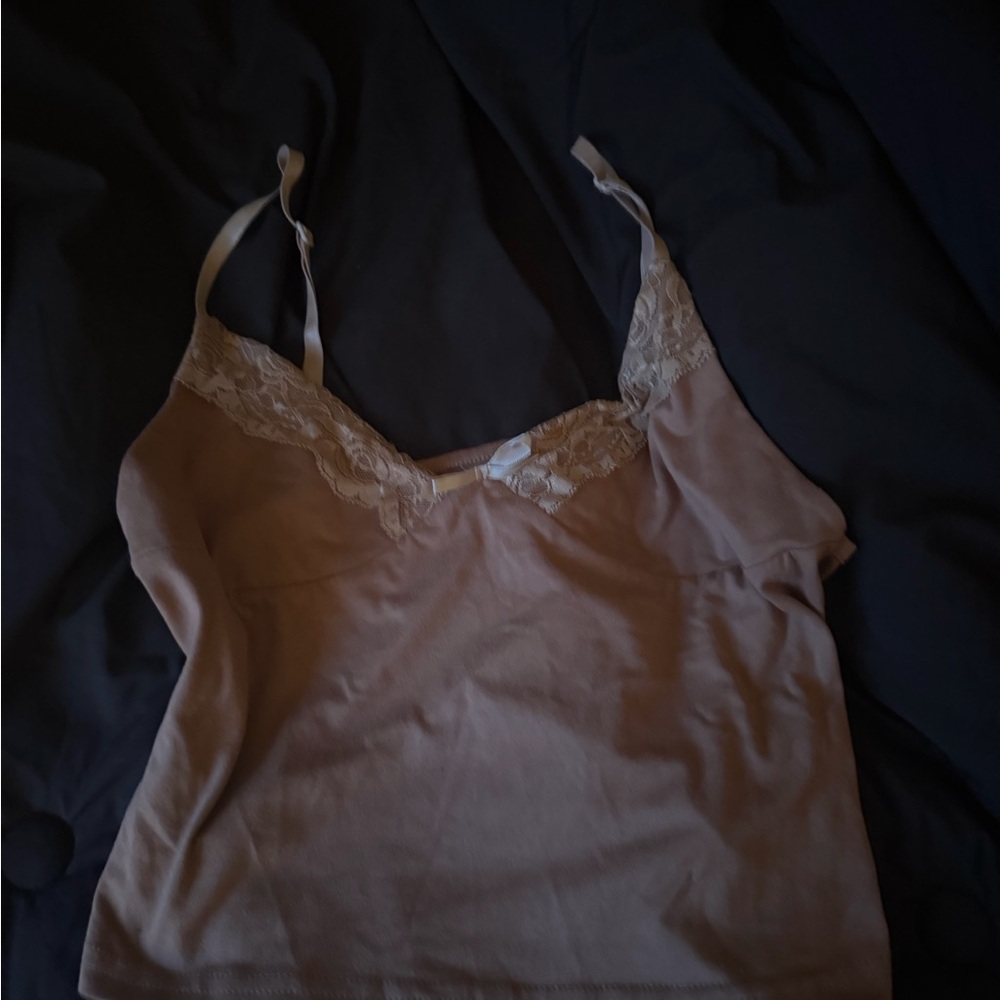 Brown Lace Trim Bow Detail Tank Top
